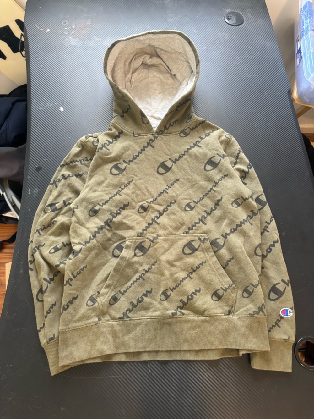 Champion Olive Green Allover Logo Pullover Hoodie Boys L MEASUREMENTS SHOWN